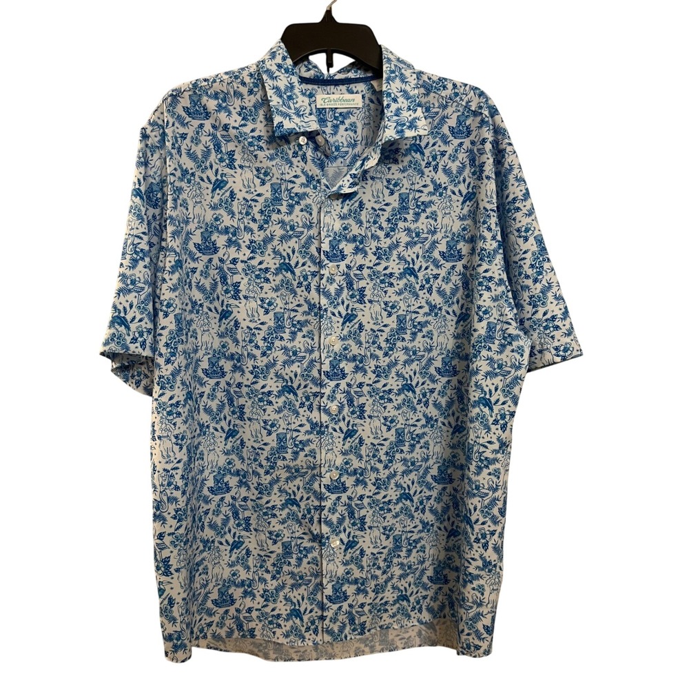 Casual Blue Floral Button-Down Shirt - Short Sleeve